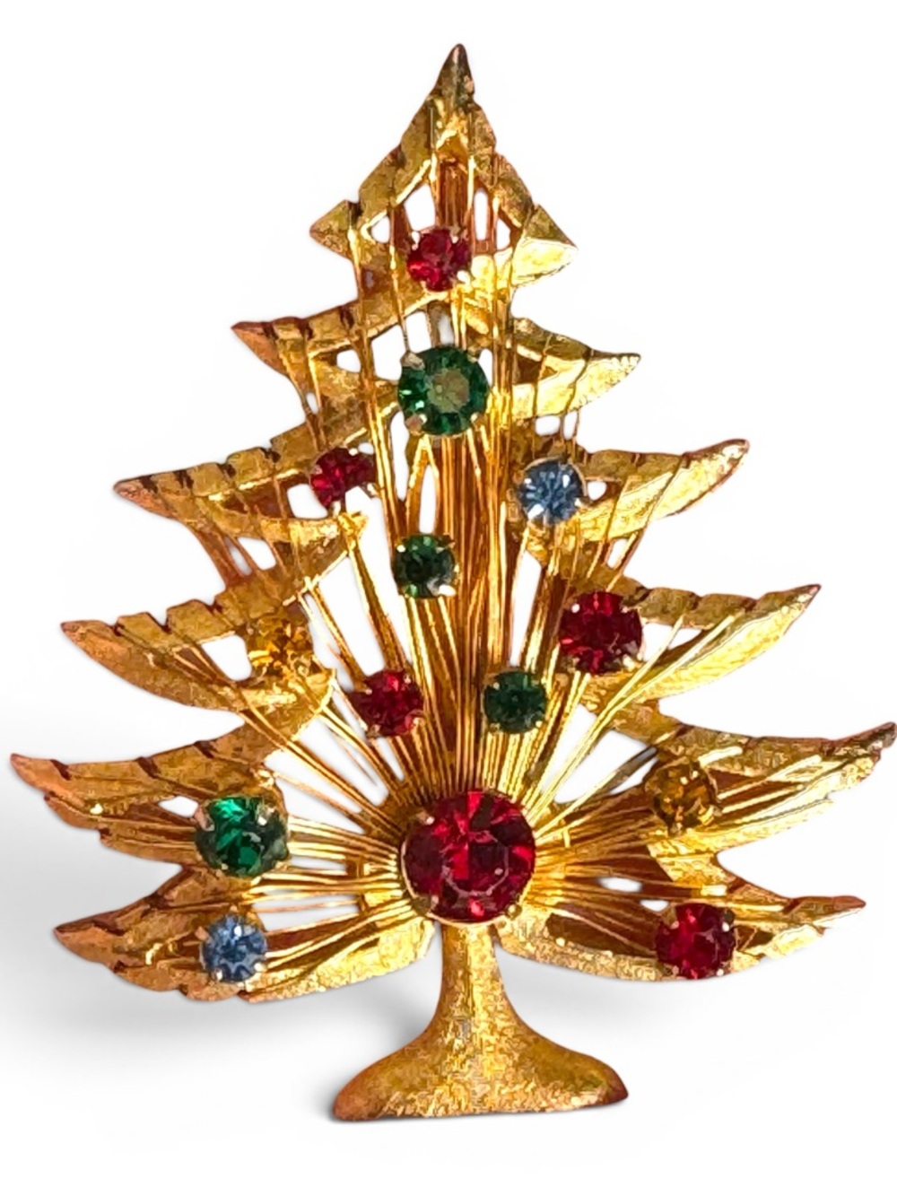 VINTAGE BROOKS HARP RHINESTONE JEWELED CHRISTMAS TREE HOLIDAY PIN BROOCH